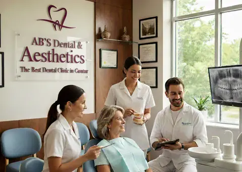 Reception and consultation area of AB’S Dental & Aesthetics clinic in Guntur